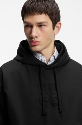 Stacked-logo-embossed hoodie in French terry cotton, Black