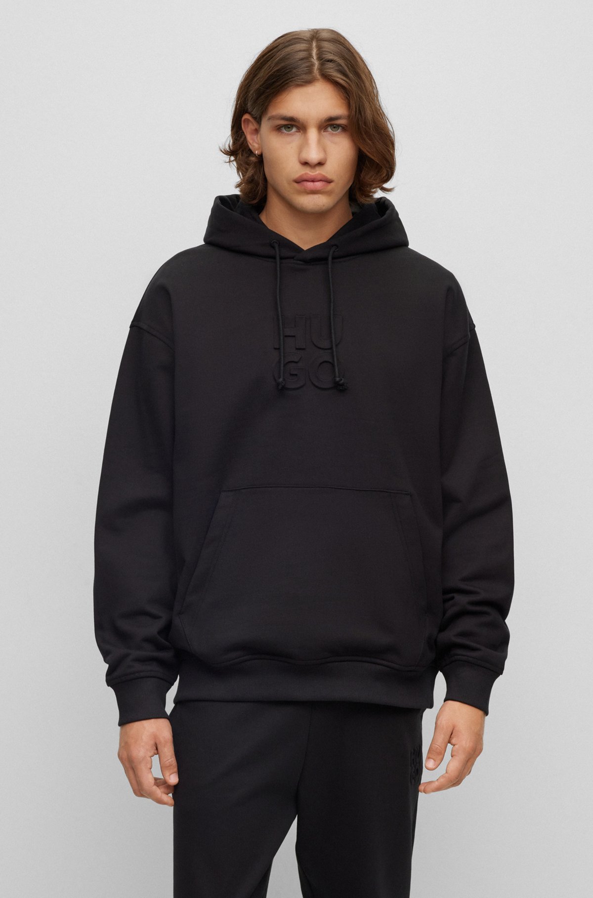 HUGO - Stacked-logo-embossed hoodie in French terry cotton
