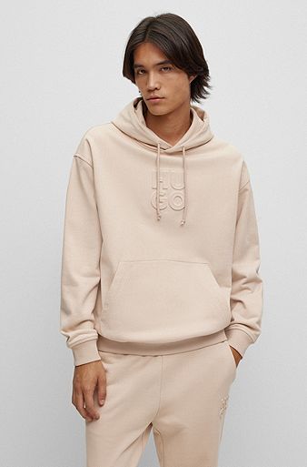 Stacked-logo-embossed hoodie in French terry cotton, Light Beige