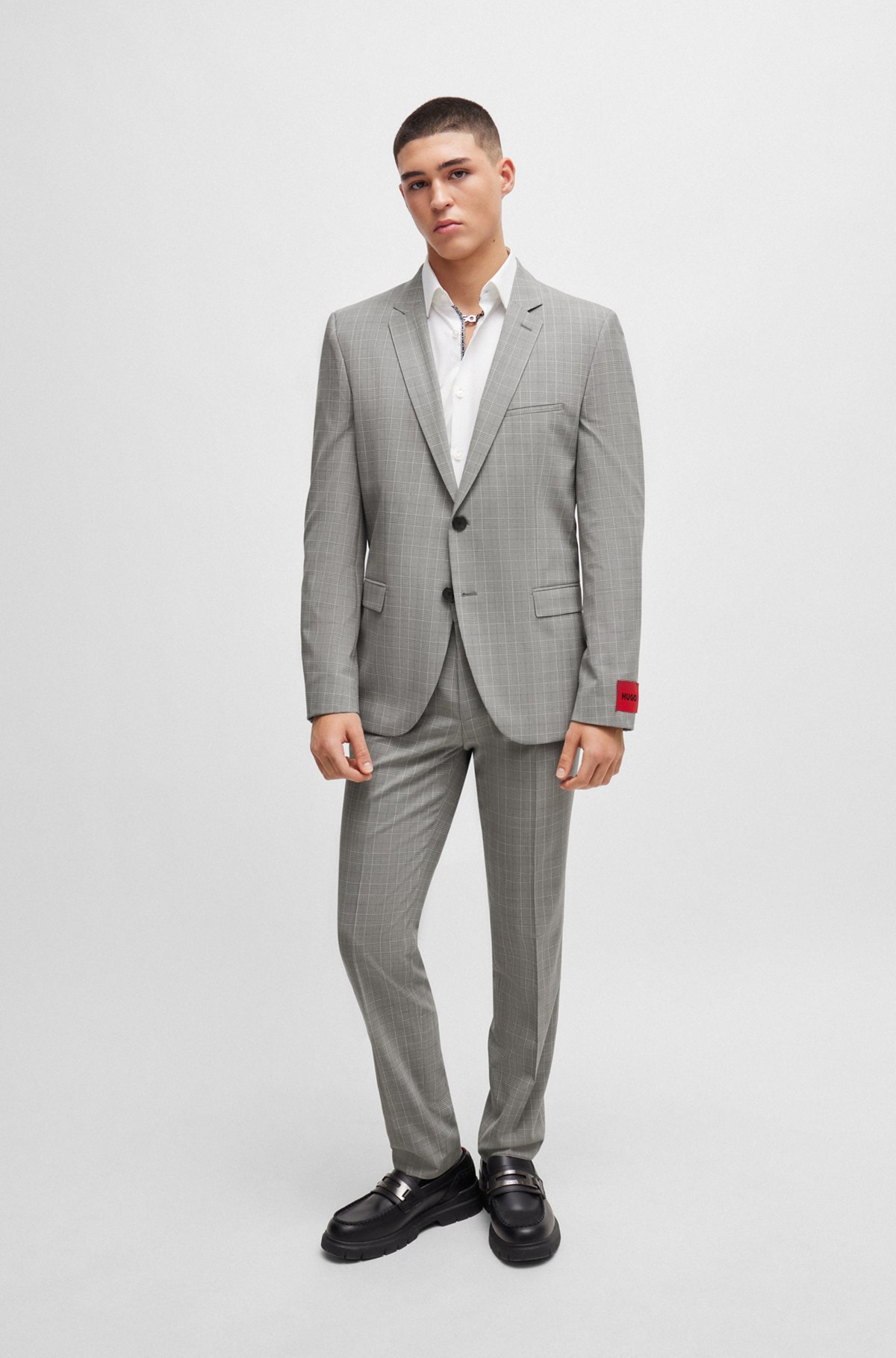 Extra-slim-fit checked suit in performance-stretch fabric, Grey