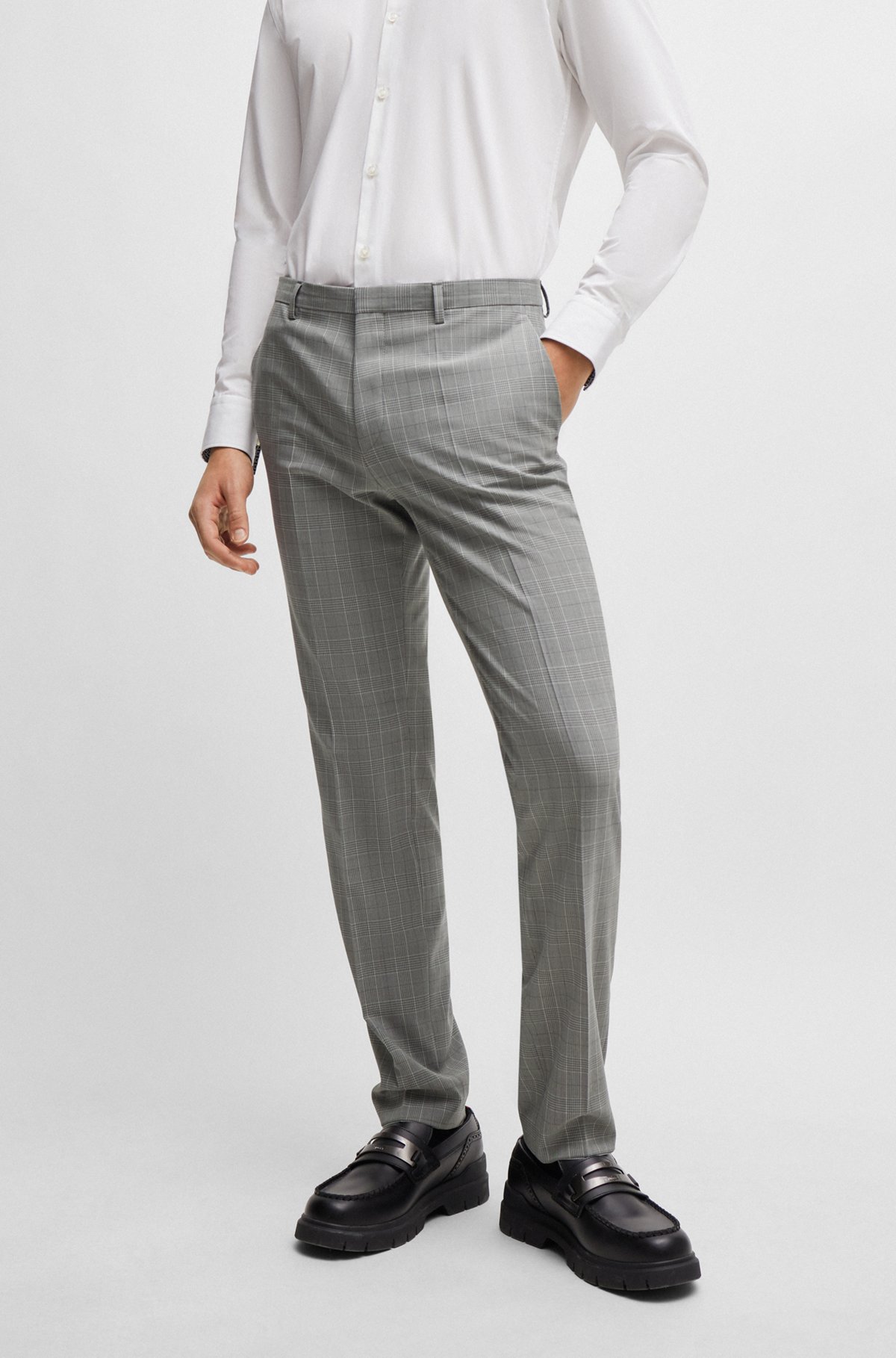 Extra-slim-fit checked suit in performance-stretch fabric, Grey