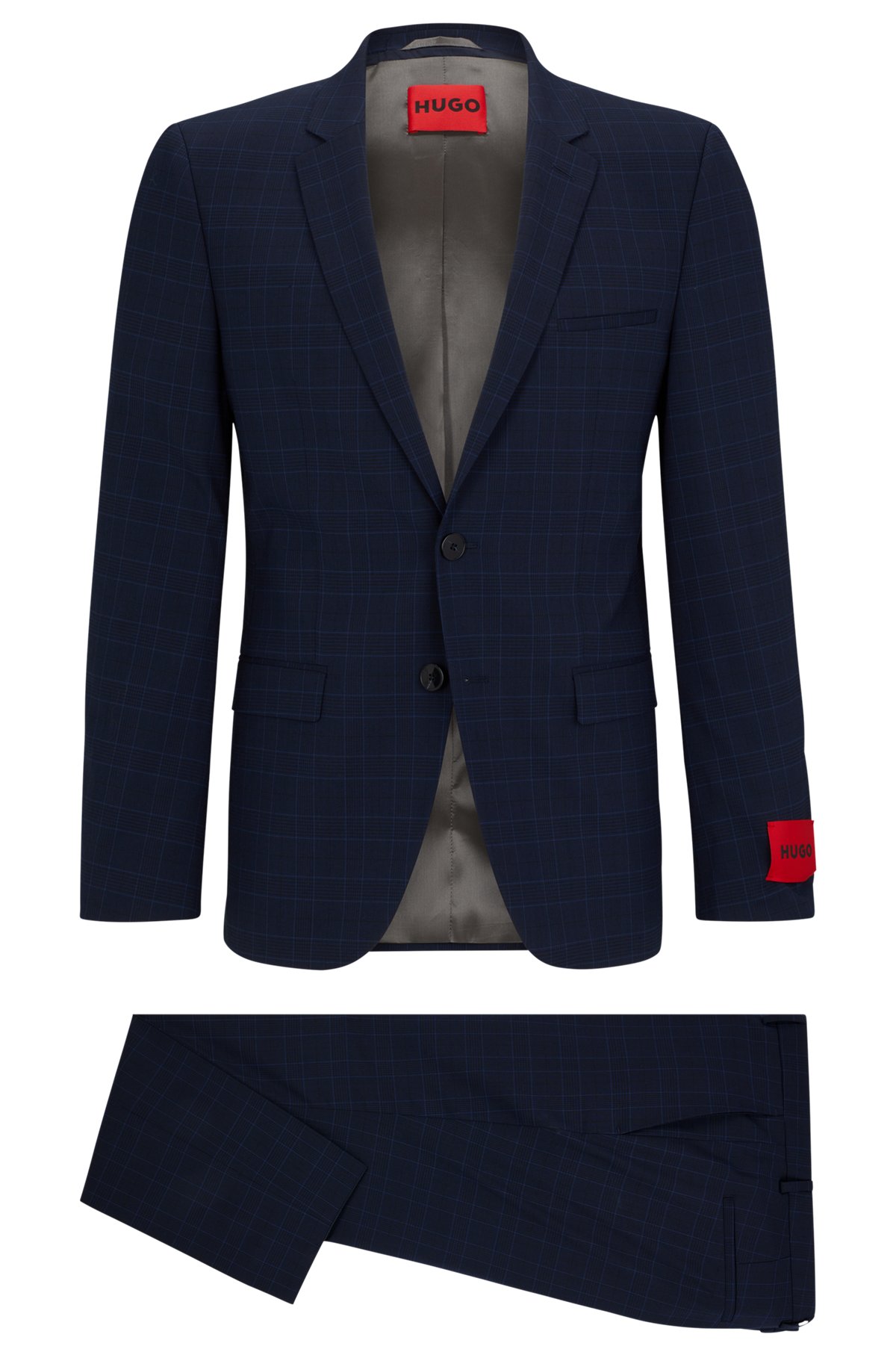 Extra-slim-fit checked suit in performance-stretch fabric, Dark Blue