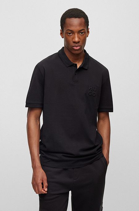 Stacked-logo-embossed polo shirt in cotton piqué, Black