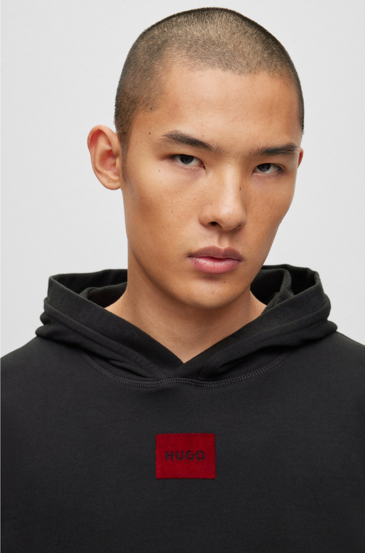 HUGO - Cotton-terry regular-fit hoodie with flock-print logo