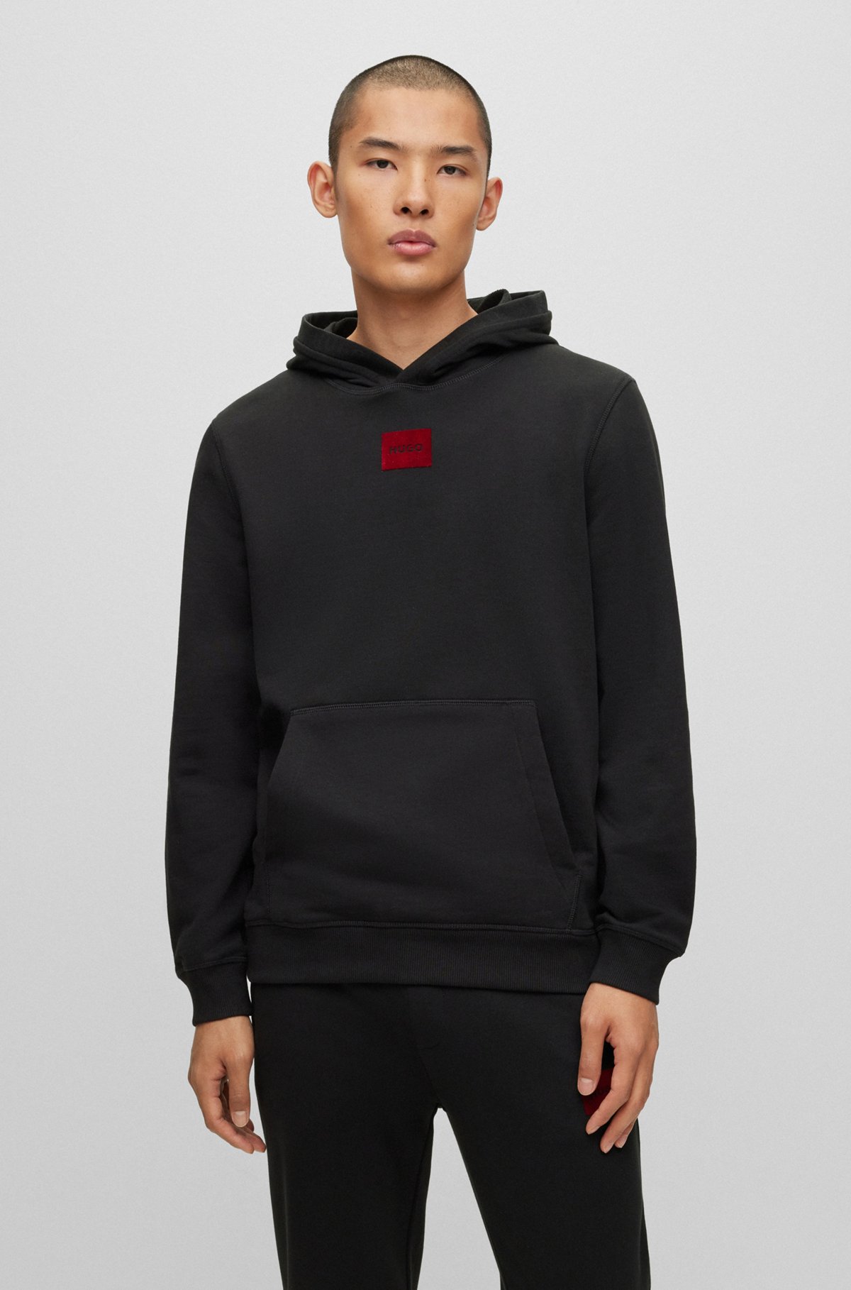 Cotton-terry regular-fit hoodie with flock-print logo, Black