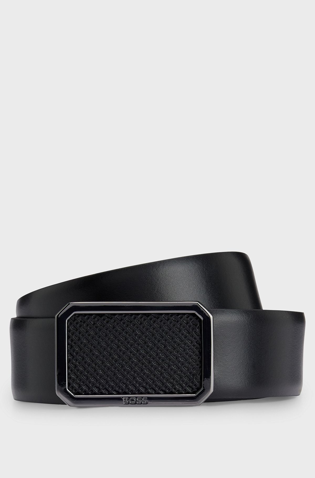 Italian-leather belt with plaque monogram buckle, Black