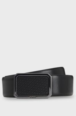 Italian-leather belt with plaque monogram buckle, Black