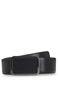 Italian-leather belt with plaque monogram buckle, Black