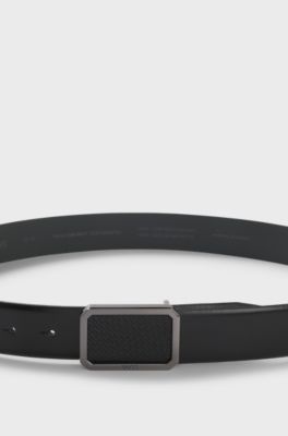 Italian-leather belt with plaque monogram buckle, Black