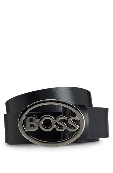 Cinturón de piel italiana con hebilla con placa de metal pesado con logo, Negro