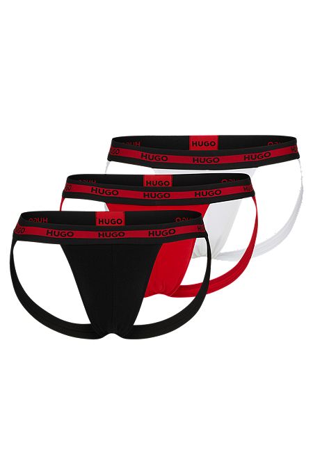 Three-pack of stretch-cotton jock straps with logos, Black / Red / White