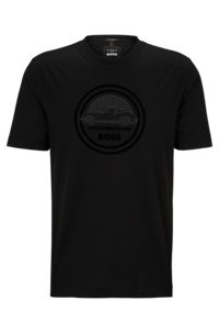 Porsche x BOSS mercerised-cotton T-shirt with flocked logo, Black