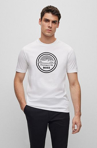 Porsche x BOSS T-shirt van gemerceriseerde katoen met logo in flockprint, Wit