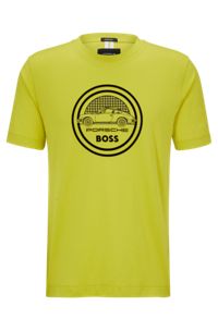 Porsche x BOSS mercerised-cotton T-shirt with flocked logo, Light Green