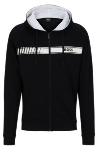 Organic-cotton zip-up hoodie with stripe and logo, Black