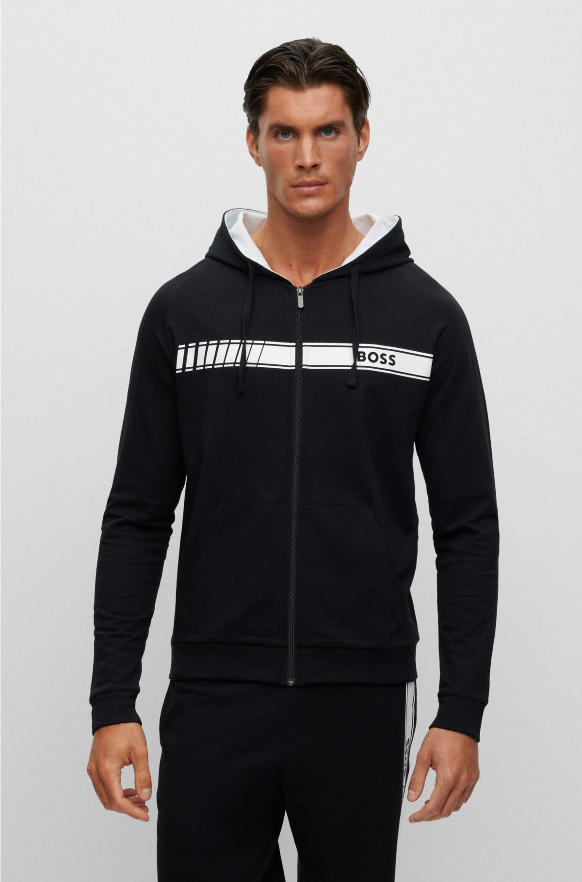 BOSS - Organic-cotton zip-up logo with and stripe hoodie