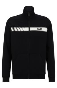 Organic-cotton zip-up jacket with stripe and logo, Black
