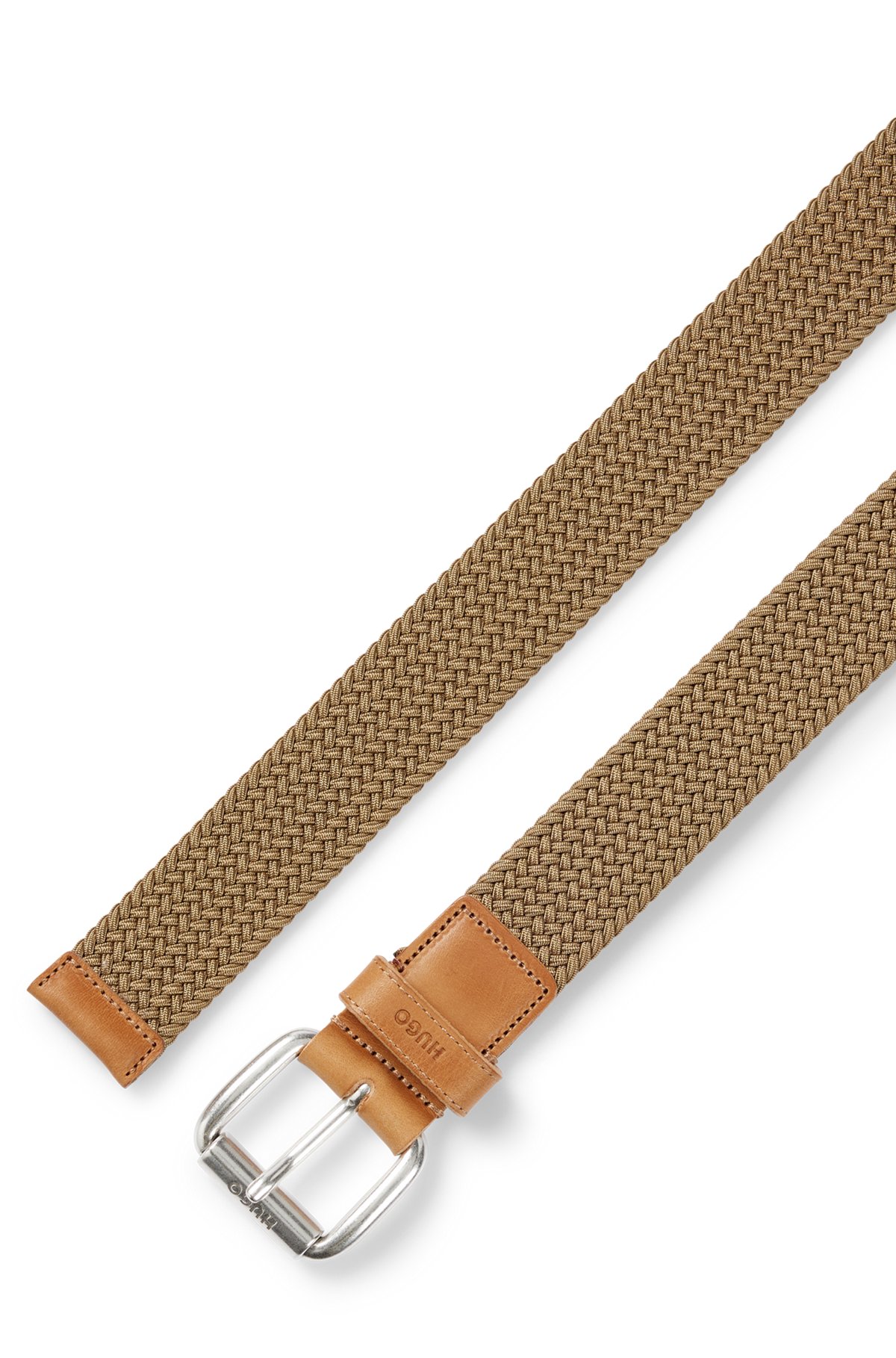 Italian-made woven belt with leather trims, Beige