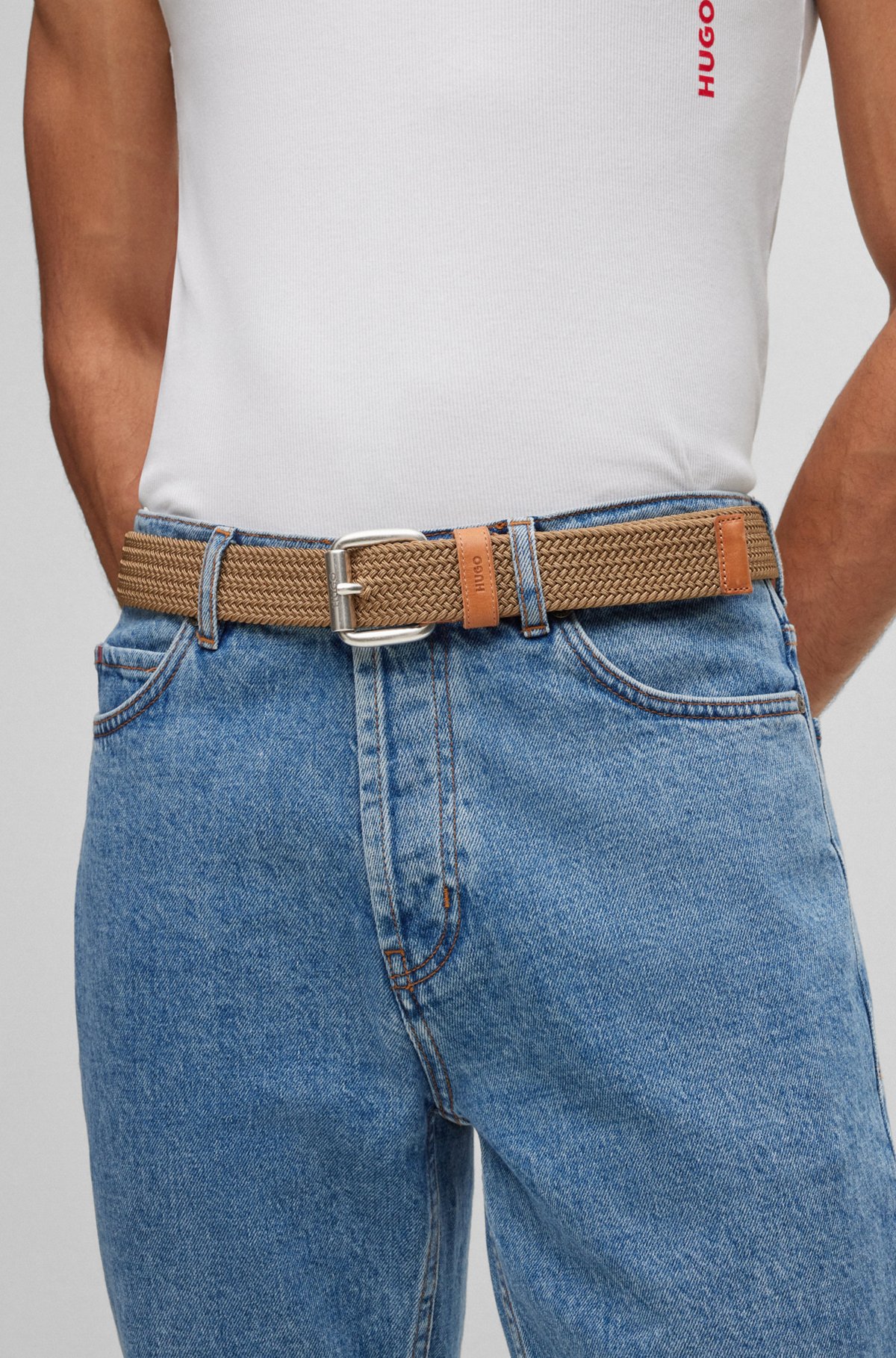 Italian-made woven belt with leather trims, Beige