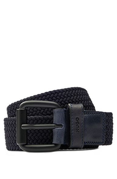 Italian-made woven belt with leather trims, Dark Blue