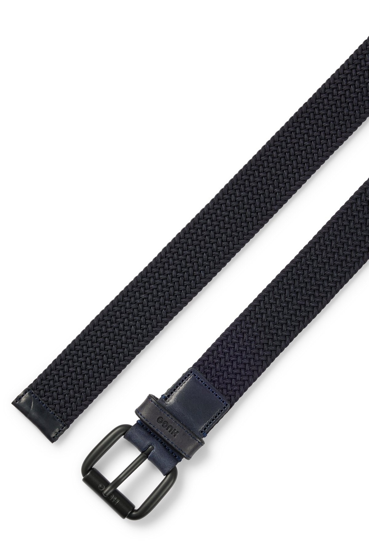 Italian-made woven belt with leather trims, Dark Blue