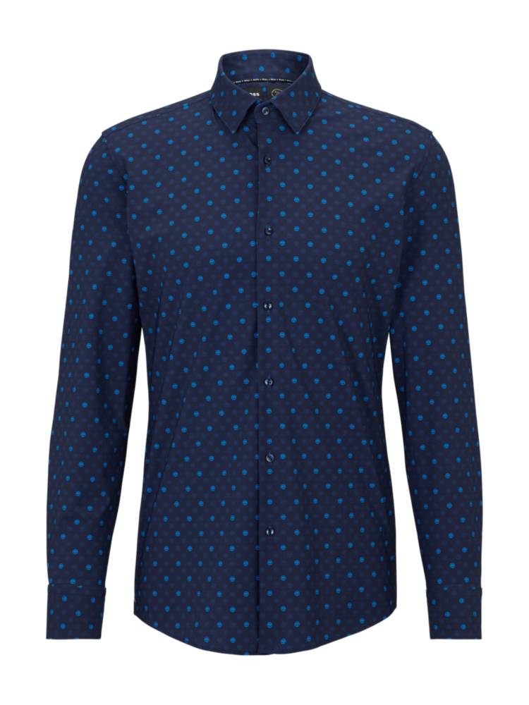 Artikel klicken und genauer betrachten! - Schmal geschnittenes BOSS Hemd aus funktionalem Stretch-Gewebe mit zeitgemäßem Print. | im Online Shop kaufen