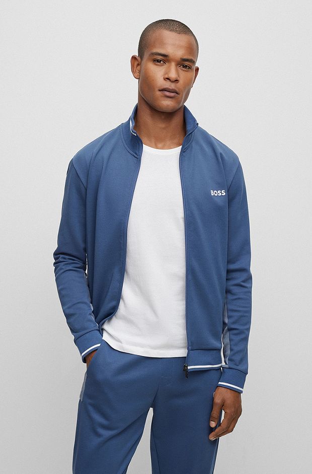 Cotton-blend zip-up jacket with embroidered logo, Blue