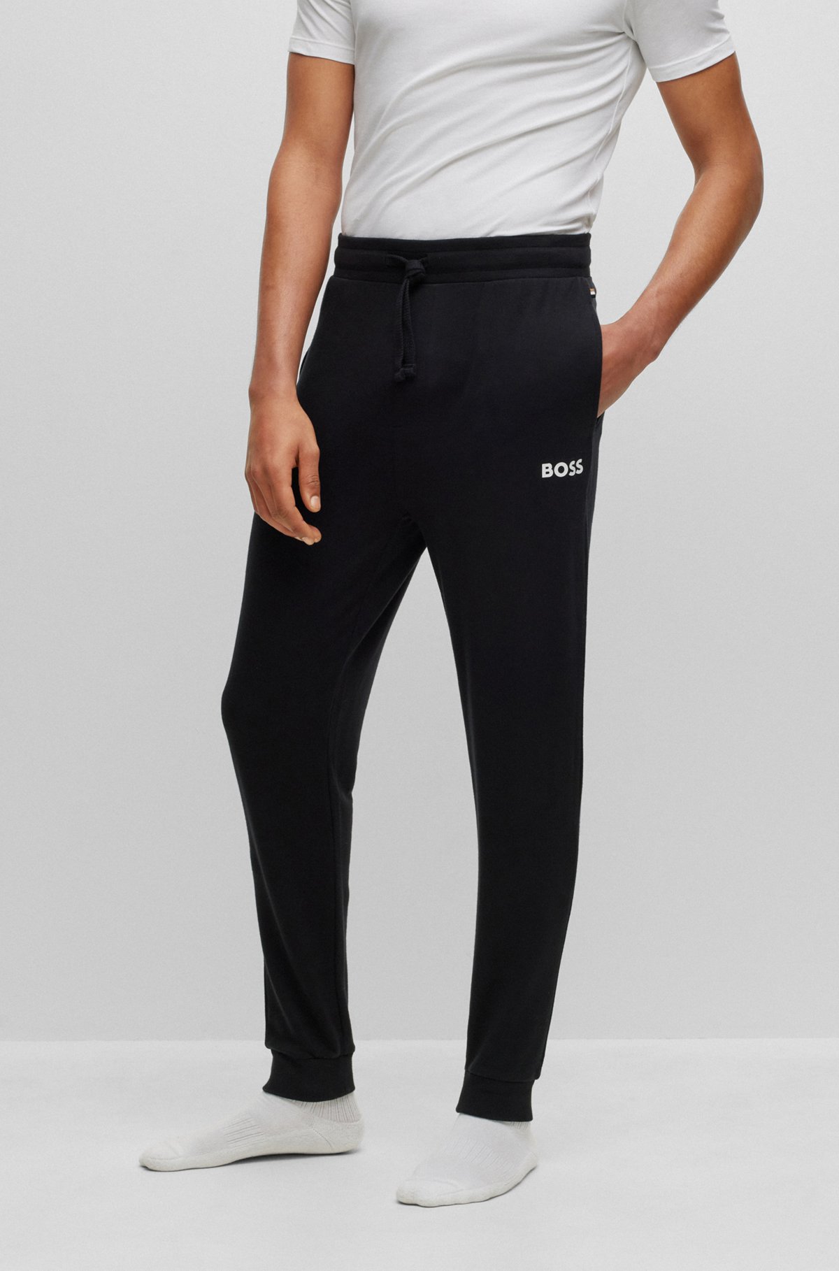 Cuffed tracksuit bottoms with drawstring and printed logo, Black