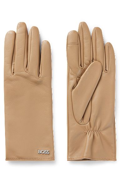 Leather gloves with logo rivet, Light Brown
