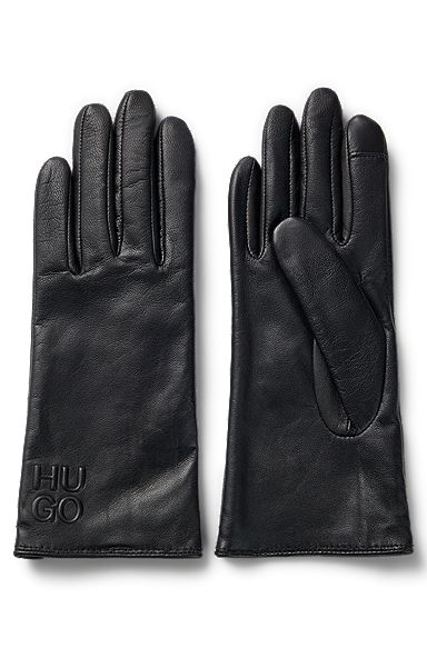 Leather gloves with stacked logo, Black