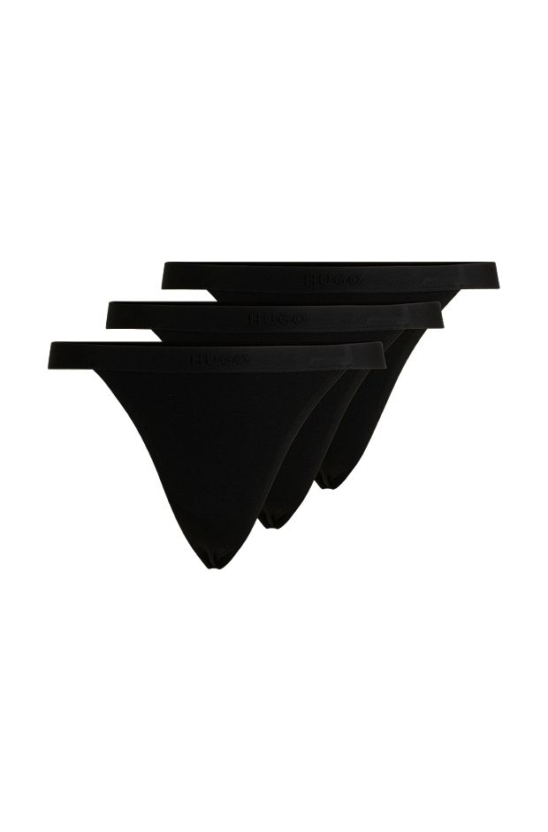 Набор из трех стрингов из эластичного модала с логотипированным поясом, Черный