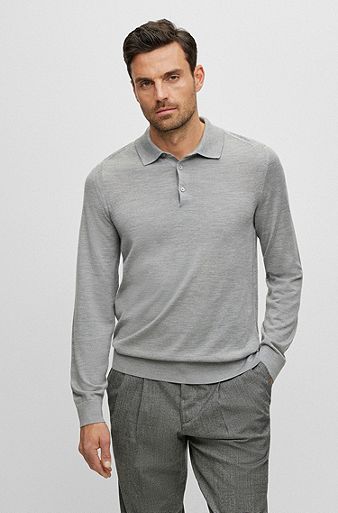 Pullover mit Polokragen aus Wolle, Seide und Kaschmir, Grau