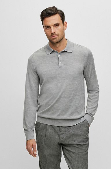 Polo-collar sweater in wool, silk and cashmere, Grey