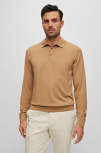 Polo-collar sweater in wool, silk and cashmere, Beige