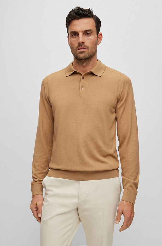 Beige Long-sleeved Polo Shirts for Designer Menswear BOSS | HUGO by Men