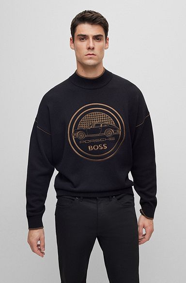 Porsche x BOSS-sweatshirt van katoen en wol met capsulelogo, Zwart