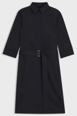 Belted shirt dress in stretch cotton, Dark Blue