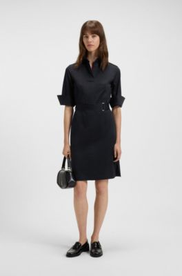 Belted shirt dress in stretch cotton, Dark Blue
