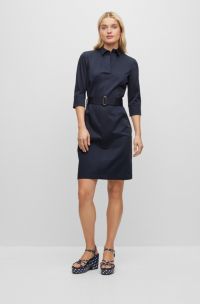 Vestido camisero con cinturón en algodón elástico, Azul oscuro