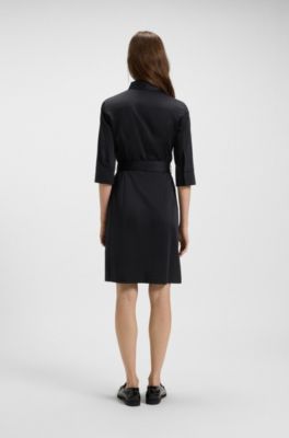 Belted shirt dress in stretch cotton, Dark Blue