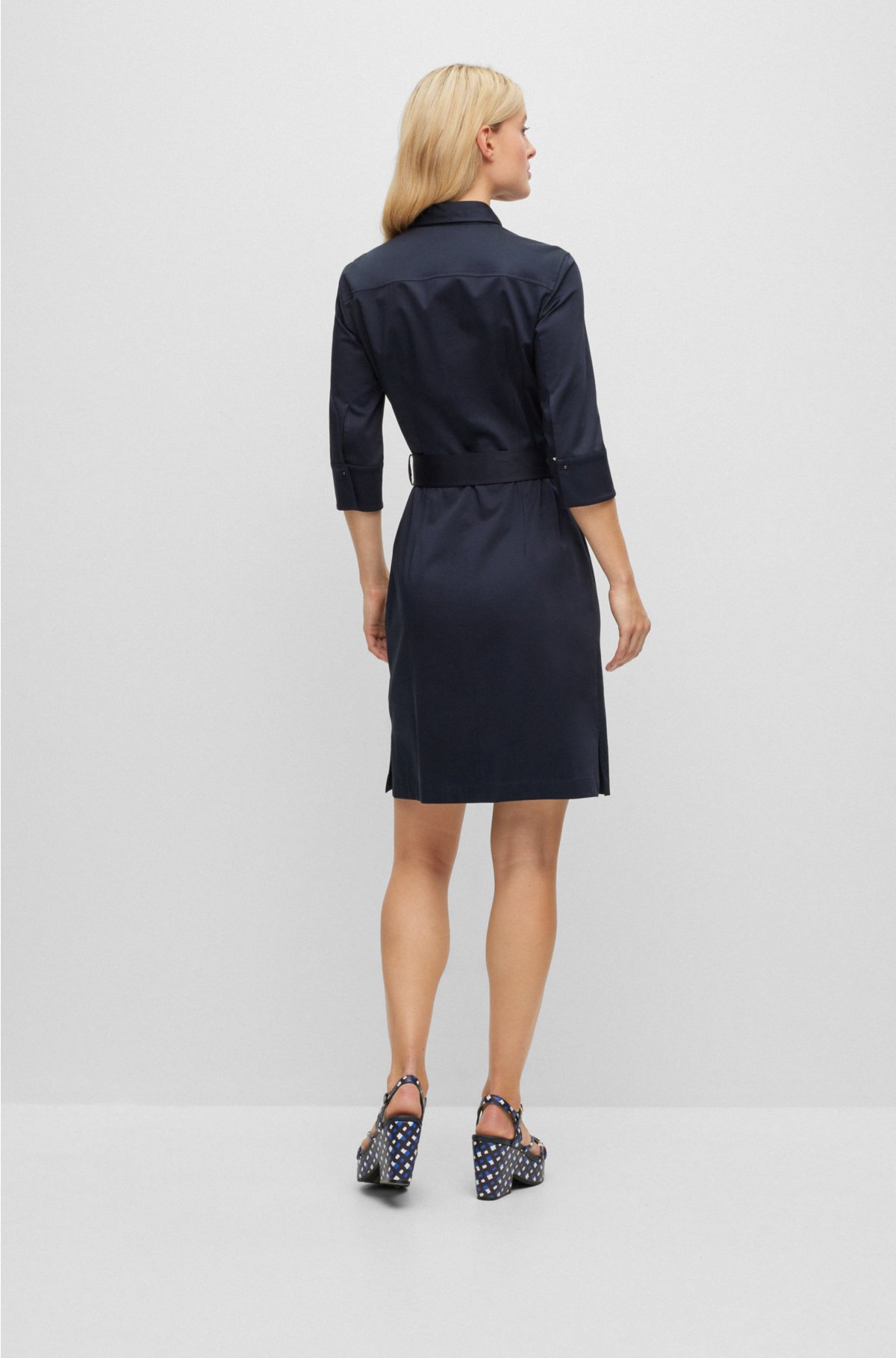 Belted shirt dress in organic cotton with stretch, Dark Blue