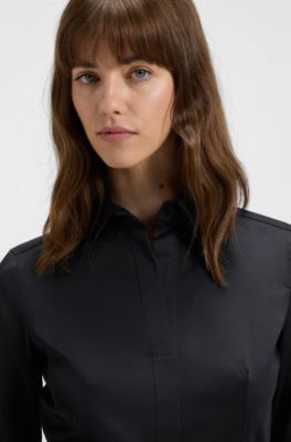 Belted shirt dress in stretch cotton, Dark Blue