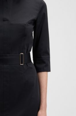 Belted shirt dress in stretch cotton, Dark Blue