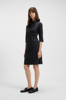 Robe-chemise en coton stretch &agrave; ceinture, Bleu fonc&eacute;
