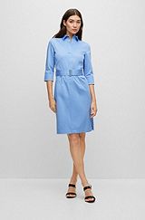 Belted shirt dress in organic cotton with stretch, Light Blue