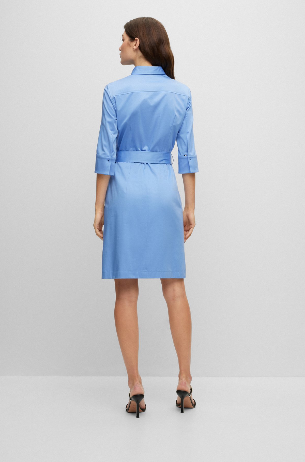 Платье-рубашка с поясом из органического хлопка с эластичными волокнами, Светло-голубой