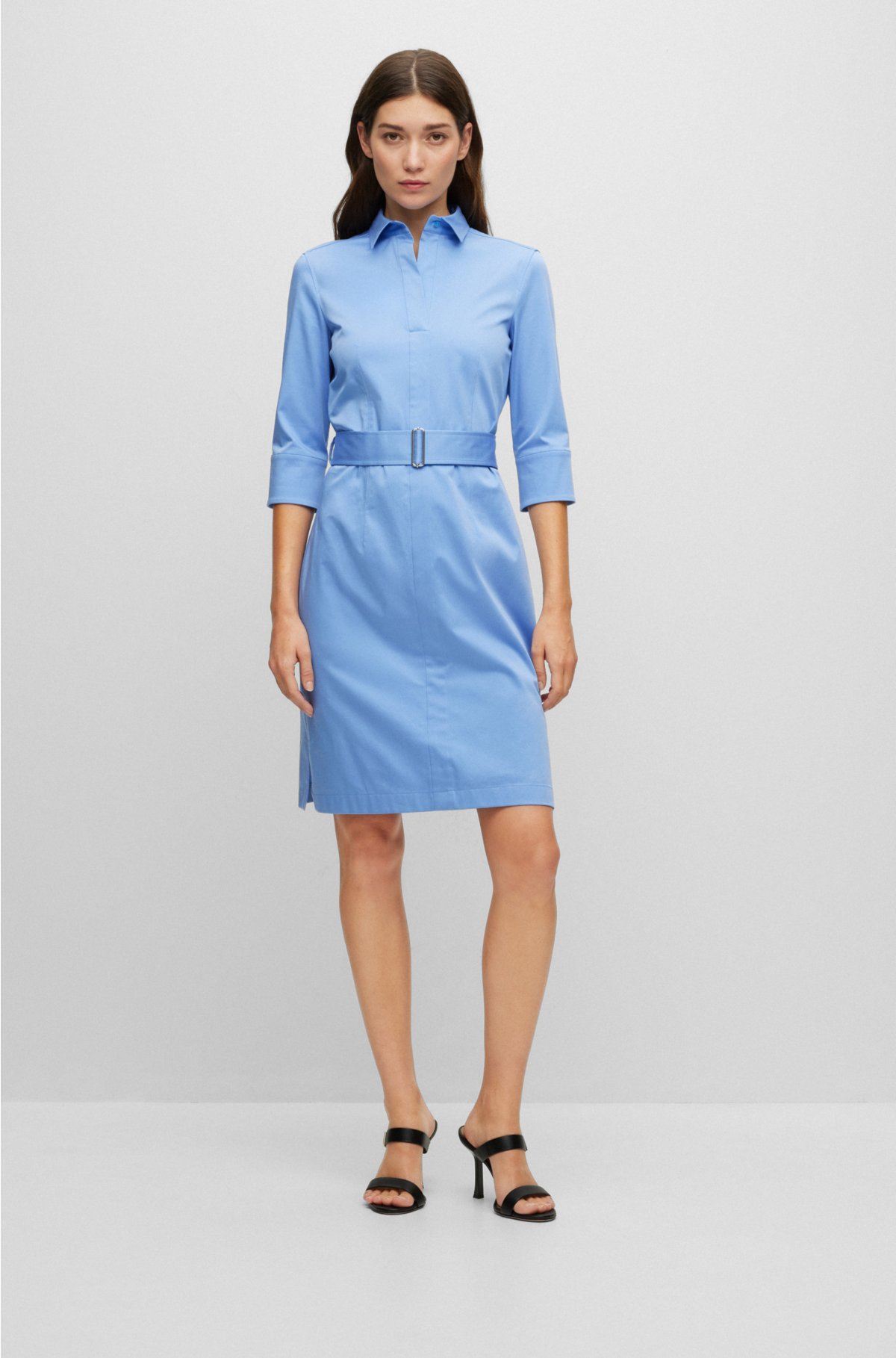 BOSS - Belted shirt dress in organic cotton with stretch