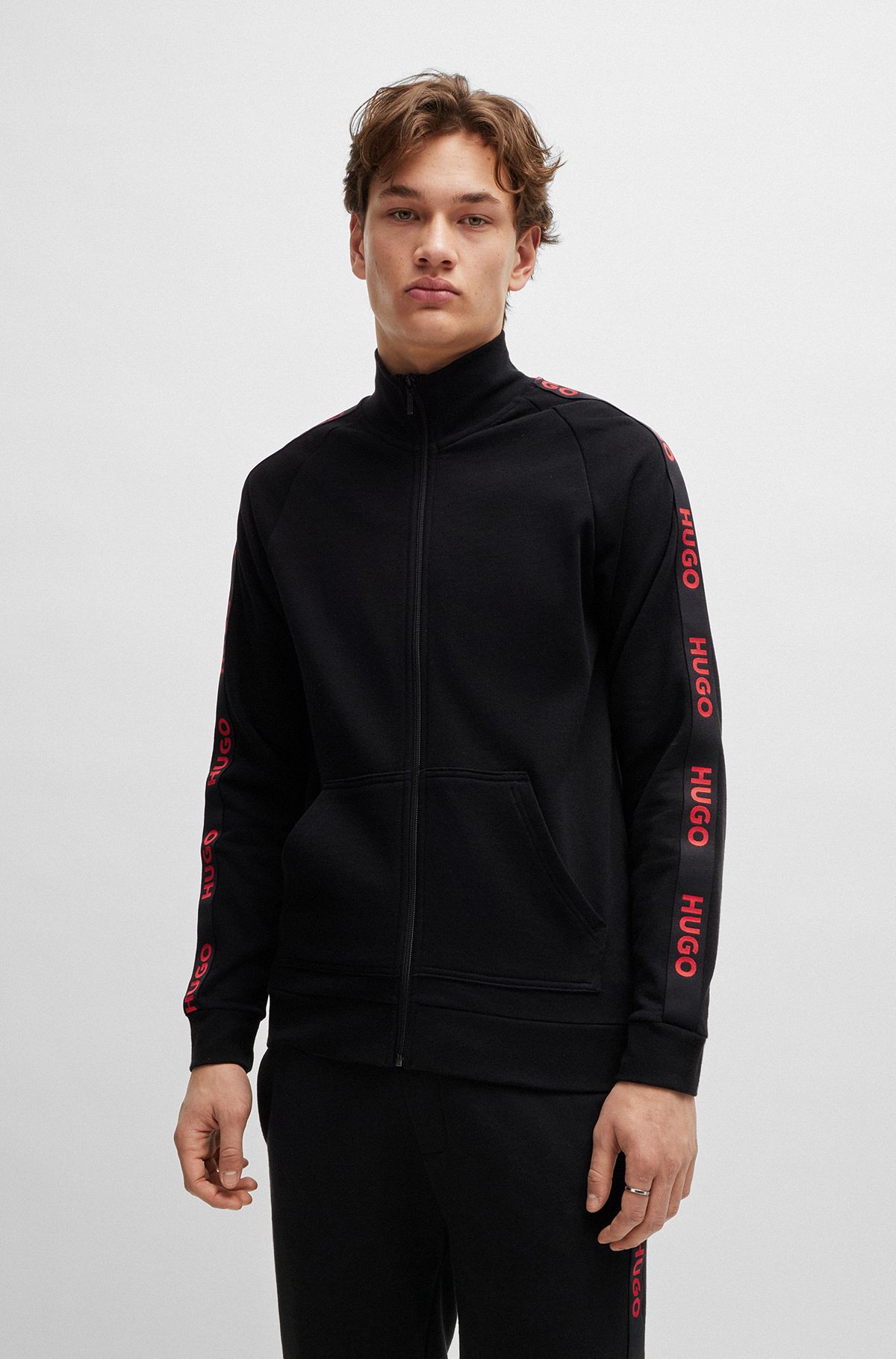 Relaxed-fit zip-up jacket with logo tape, Black
