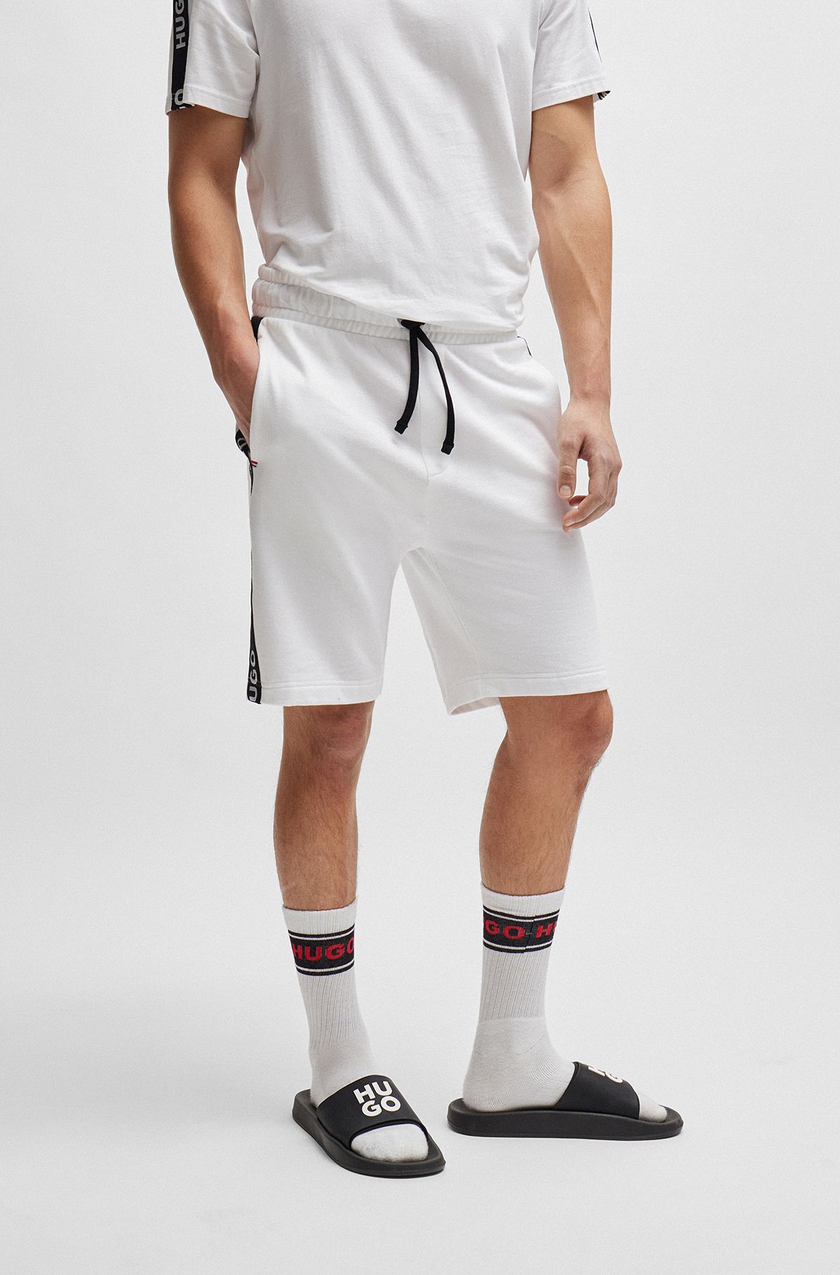 Cotton-terry shorts with embroidered logos and drawstring waist, White