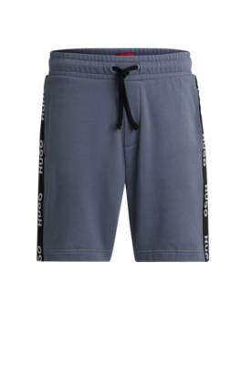 Hugo Cotton-terry Shorts With Embroidered Logos And Drawstring Waist In Blue